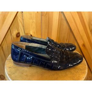 AGL Attilio Giusti Leombruni Blue Woven Patent Leather Loafer Shoes Italy Size E